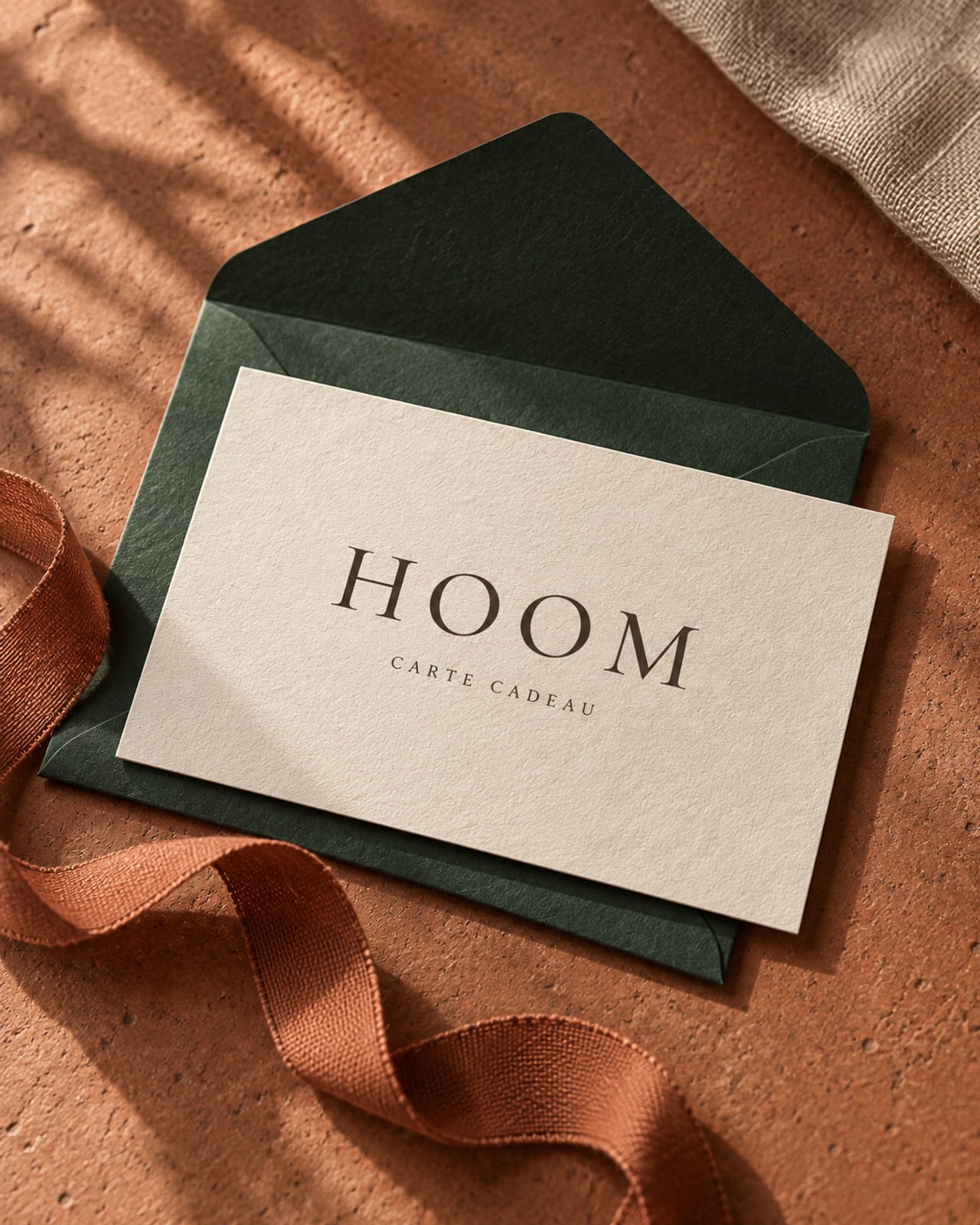 Illustration d’une carte cadeau HOOM ivoire sur une enveloppe vert profond, avec un ruban terracotta