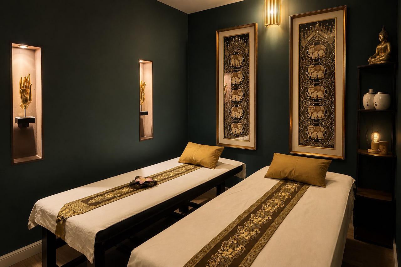 Cabine duo HOOM avec deux tables de massage, murs vert profond et décoration thaïe dorée.