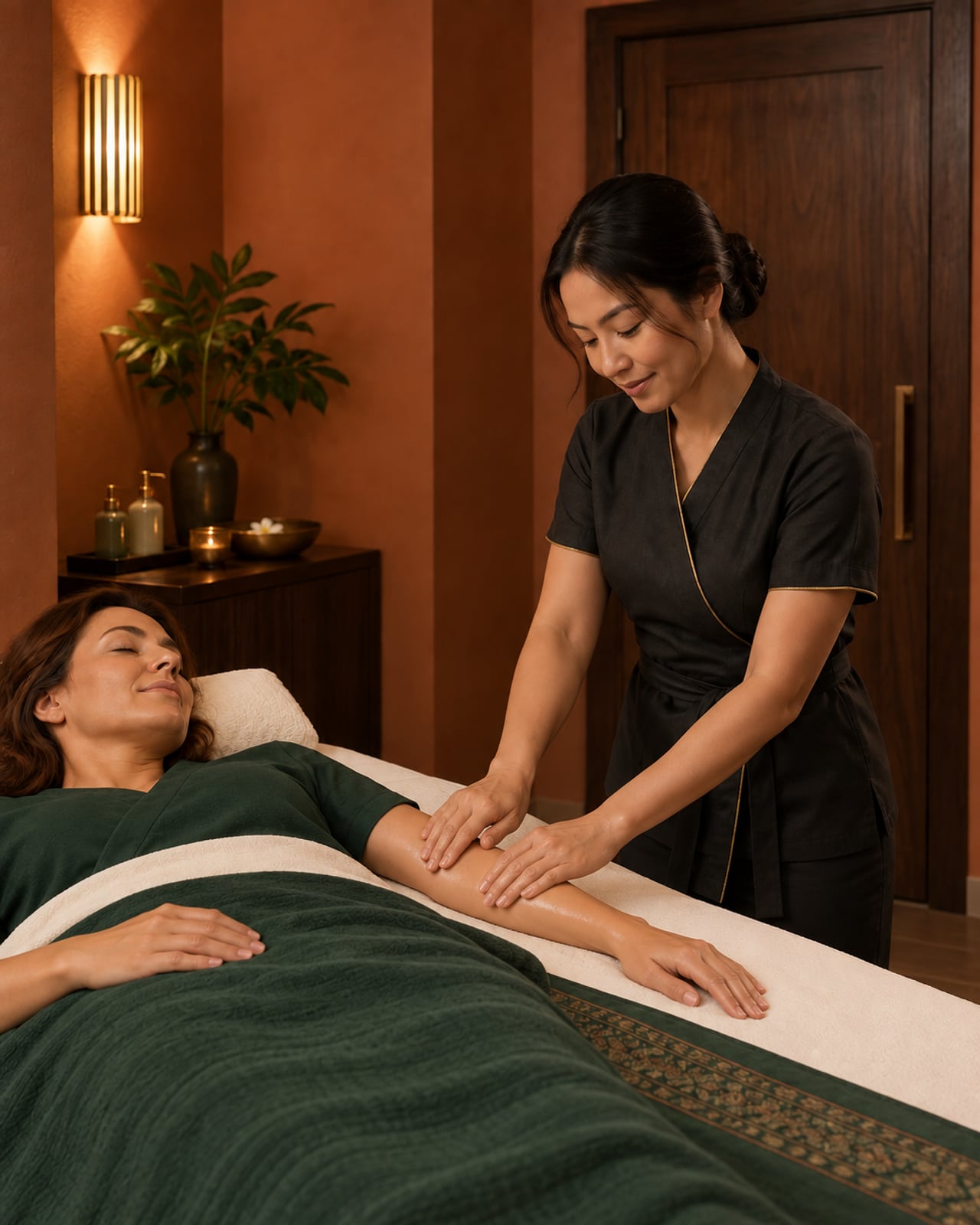 Illustration d'un massage aux huiles sur l'avant-bras dans une cabine aux tons terre cuite